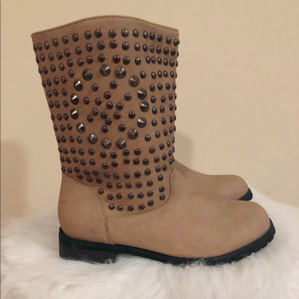 Studded Tan Mid-Calf Boots